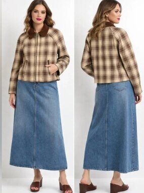 NWT Christian Lacroix Brown Tan Plaid Collar 100% Cotton Jacket w side Pockets